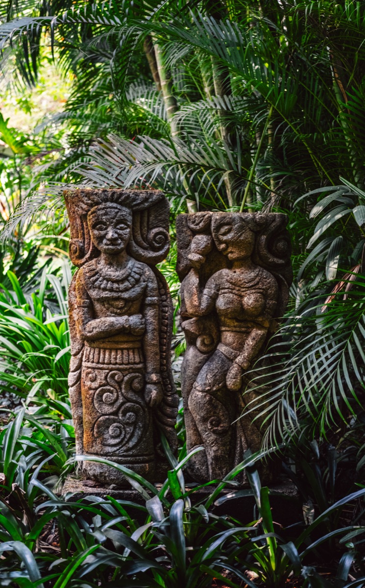Two carved stone guardian figures among ferns and palms