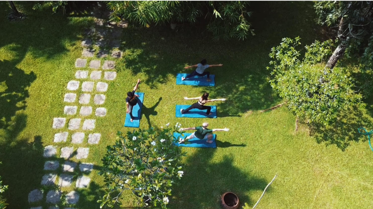 Guests practising yoga on mats on the lawn, seen from above